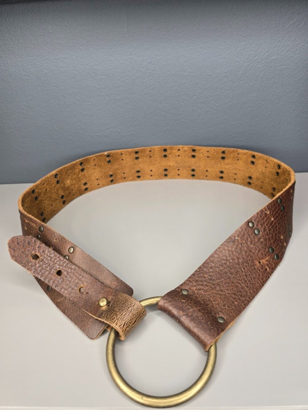 Vintage Distressed Brown Leather Studded O-Ring Belt Wide